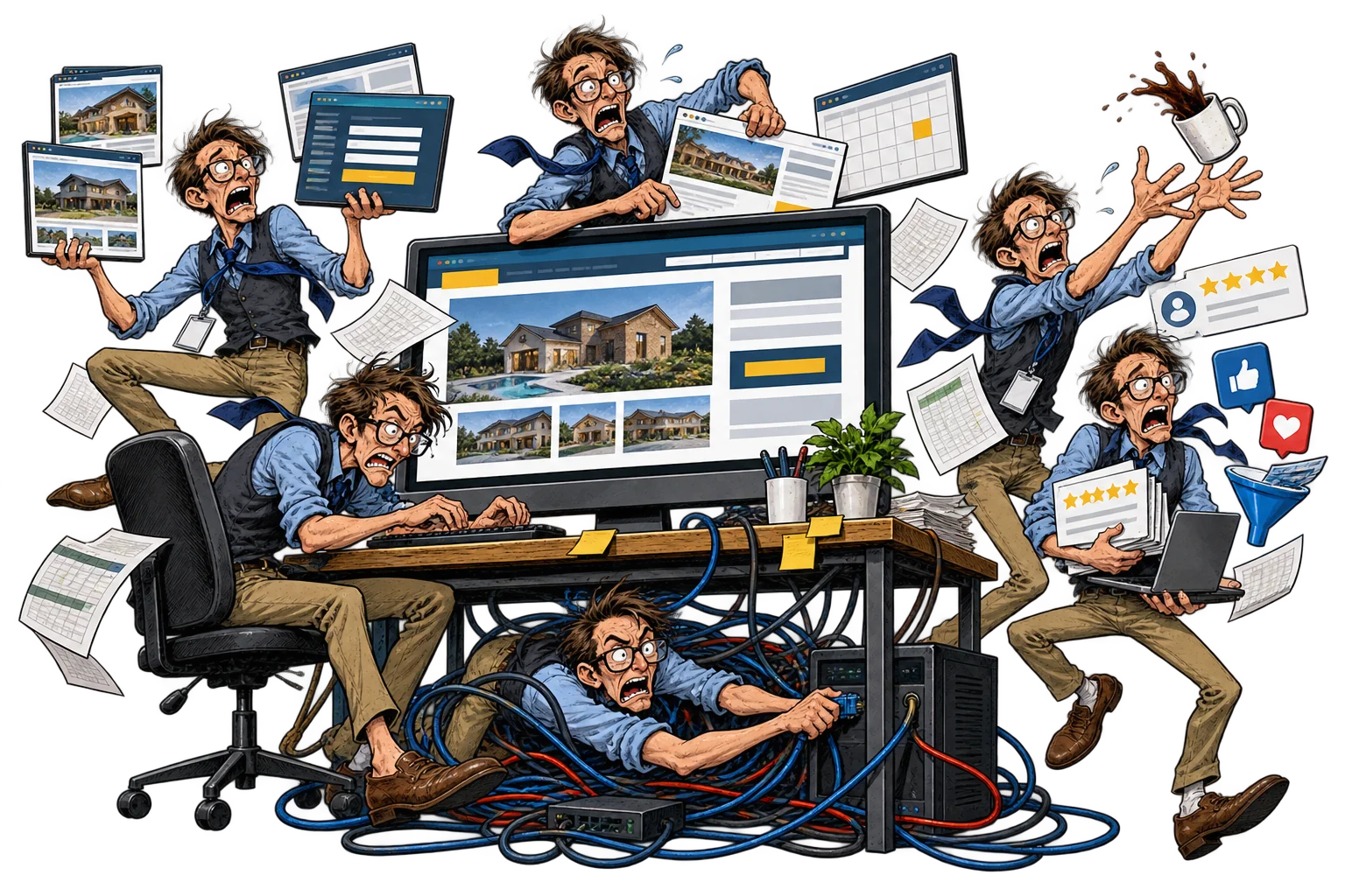 A frantic crew of skinny tech nerds juggles website screens, calendars and reviews while one untangles a mountain of cables and another catches airborne coffee.
