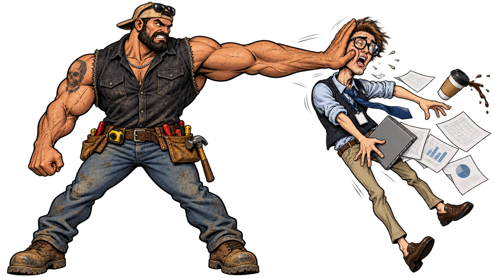A muscular black-shirt contractor stiff-arms a startled tech nerd, with his palm on the nerd’s face and papers and coffee flying.