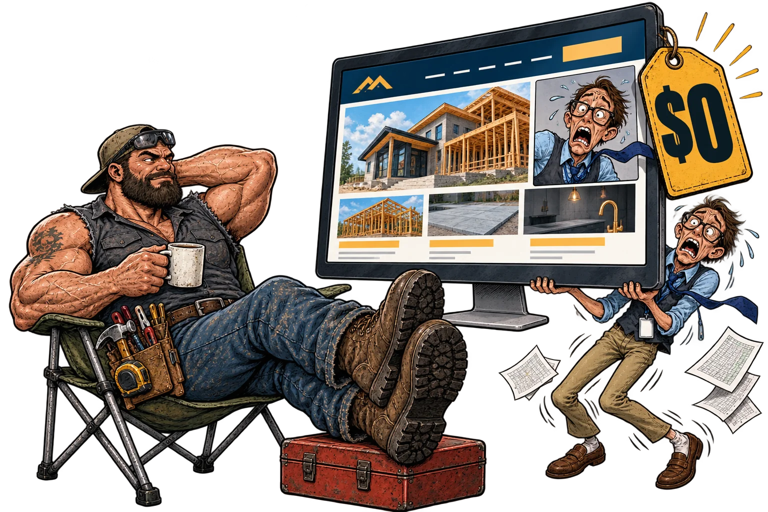 A relaxed contractor puts his boots up while a nerd strains to present a giant complete website with a zero-dollar tag and a video-call window.