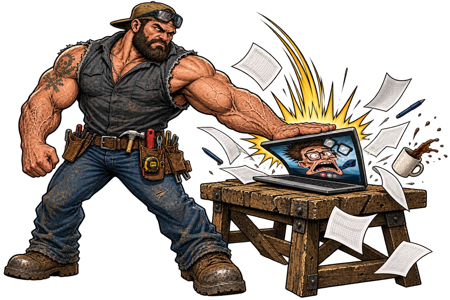 A massive contractor slams a laptop with an explosive comic impact; the video-call nerd’s face squashes on screen as glasses, paperwork and coffee fly.