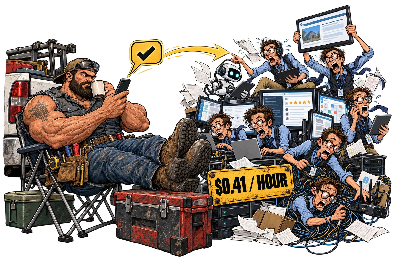 A contractor relaxes by his truck with boots up, coffee and his phone. One text sends a whole nerd support team scrambling through websites, reviews, calendars, cables and an AI agent. A sign reads $0.41 per hour.